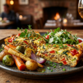 Appetitlig aftensmad med ægge som hovedingrediens serveret med stegte grøntsager og urter