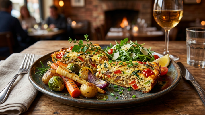 Appetitlig aftensmad med ægge som hovedingrediens serveret med stegte grøntsager og urter