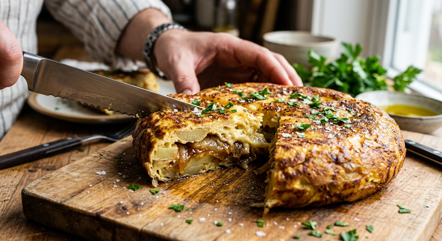 Spansk tortilla eller frittata skåret i stykker der viser fluffigt æggeindhold