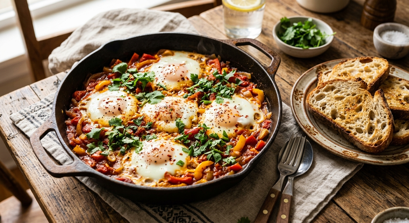 Shakshuka med pocherede æg i krydret tomatsauce pyntet med frisk koriander