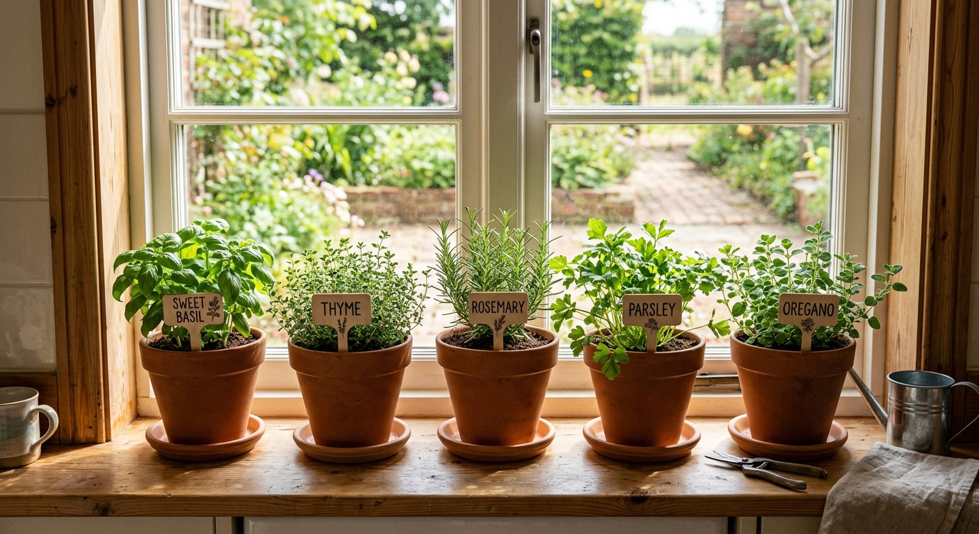 Ordnede urtepotter på køkkenvinduesbrættet med naturligt lys