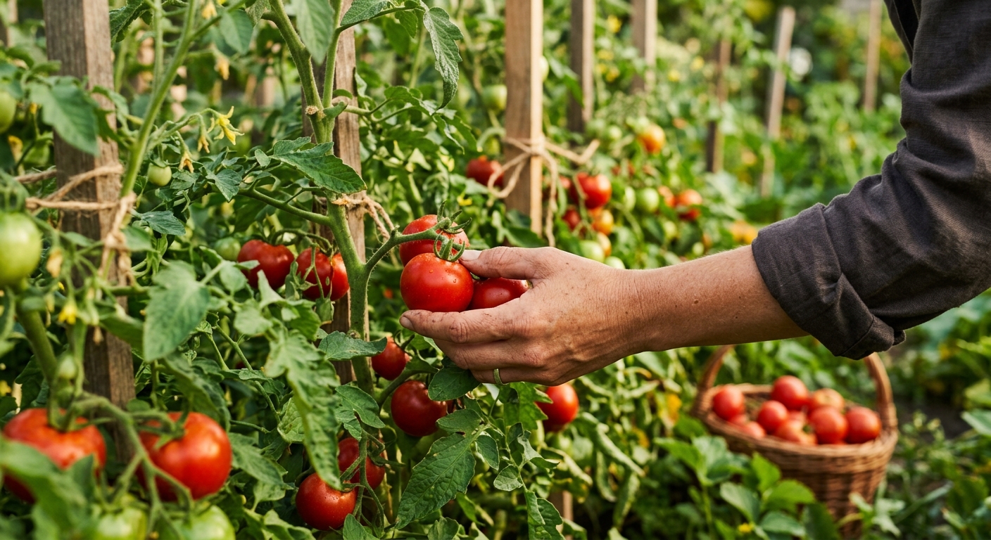Høst af modne tomater direkte fra planten i køkkenhaven