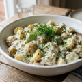 Traditionel dansk kartoffelsalat serveret på hvidt fad