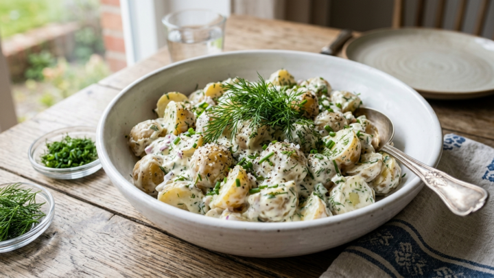 Traditionel dansk kartoffelsalat serveret på hvidt fad
