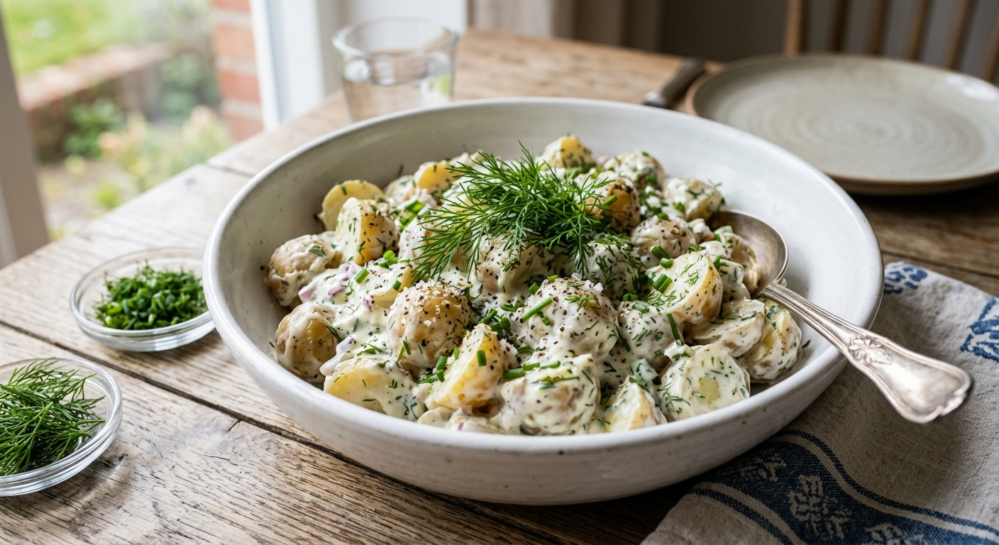 Traditionel dansk kartoffelsalat serveret på hvidt fad