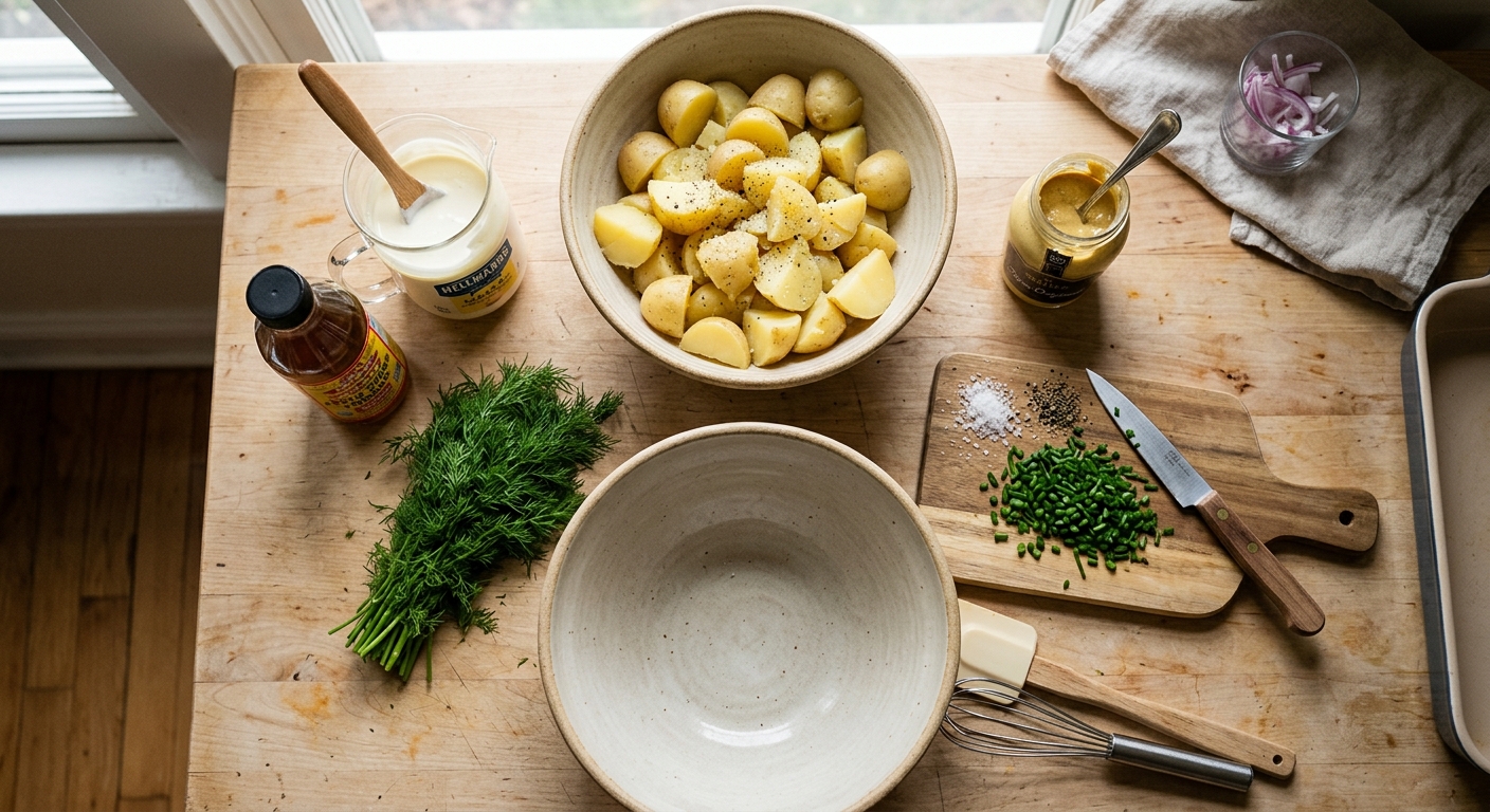 Alle ingredienser til kartoffelsalat arrangeret før samling