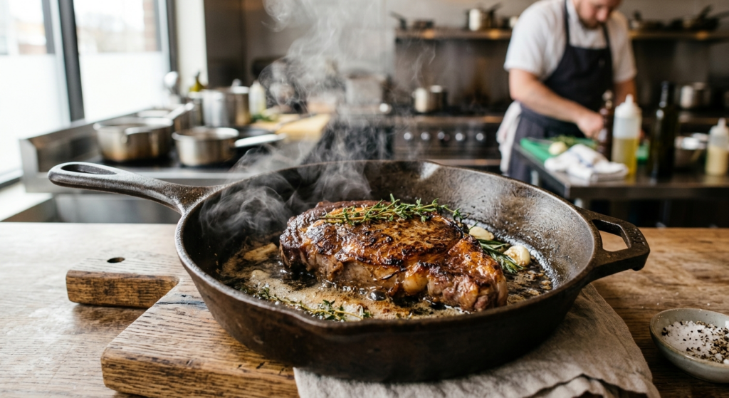 Perfekt stegt oksekød med gylden skorpe på pande set fra oven