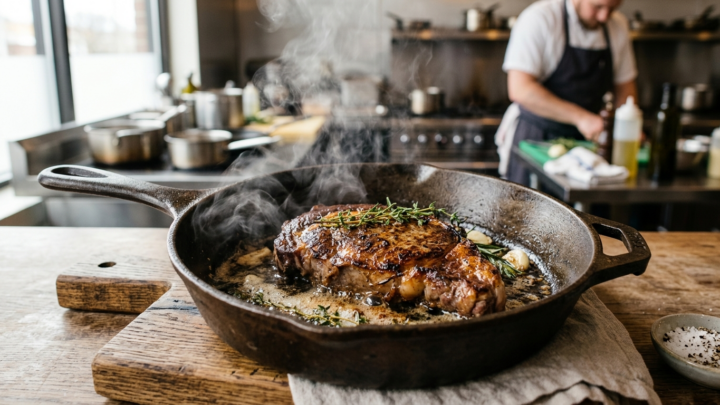 Perfekt stegt oksekød med gylden skorpe på pande set fra oven